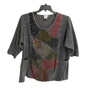 Parsley & Sage Top Sz 2X‎ Embroidered Gray Boho Whimsical